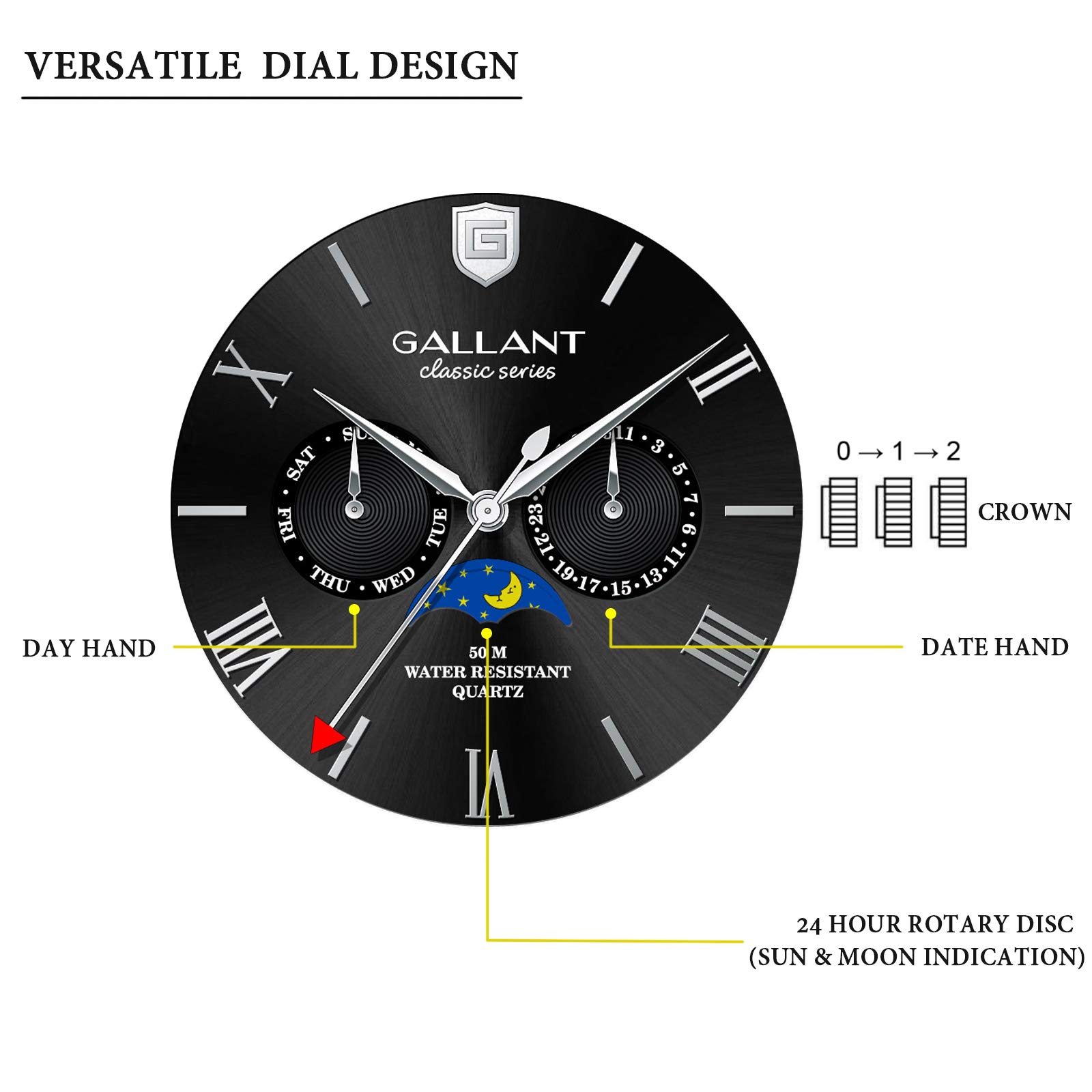 Mens Wrist Watch, GALLANT Analog Quartz Watches Men Wristwatch Leather Band Strap with Date Moon Phrase Date Calendar Waterproof Black Dial Casual Watch for Sports Daily Business