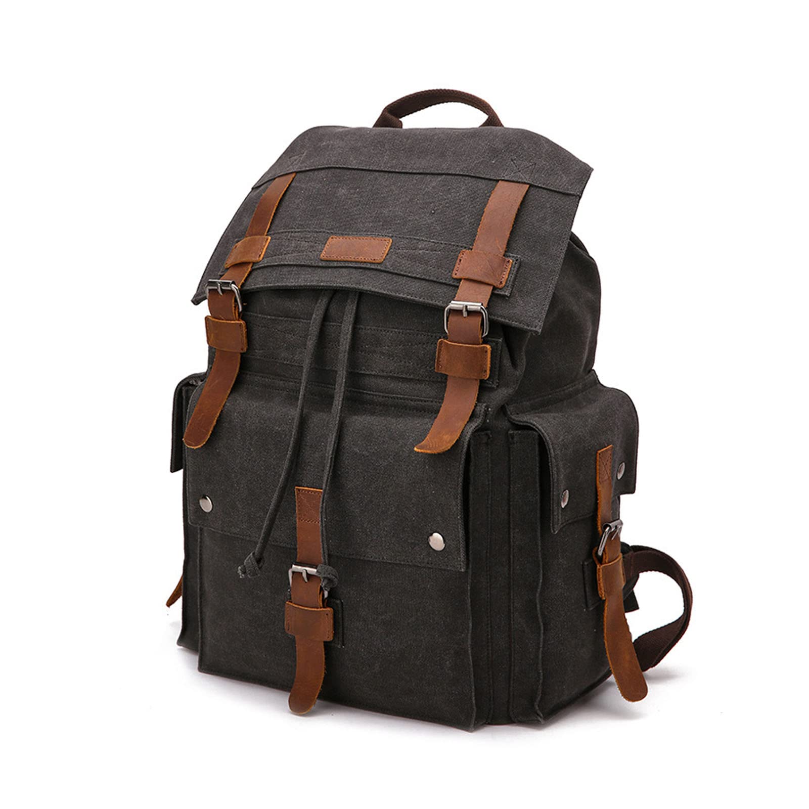 FANDARE Outdoor Backpack Leather-Waxed Canvas Hiking Daypacks Women's Backpack Men Canvas Drawstring Laptop Rucksack Casual Daypacks Multipurpose School Bag College Travel Ladies Rucksack Black