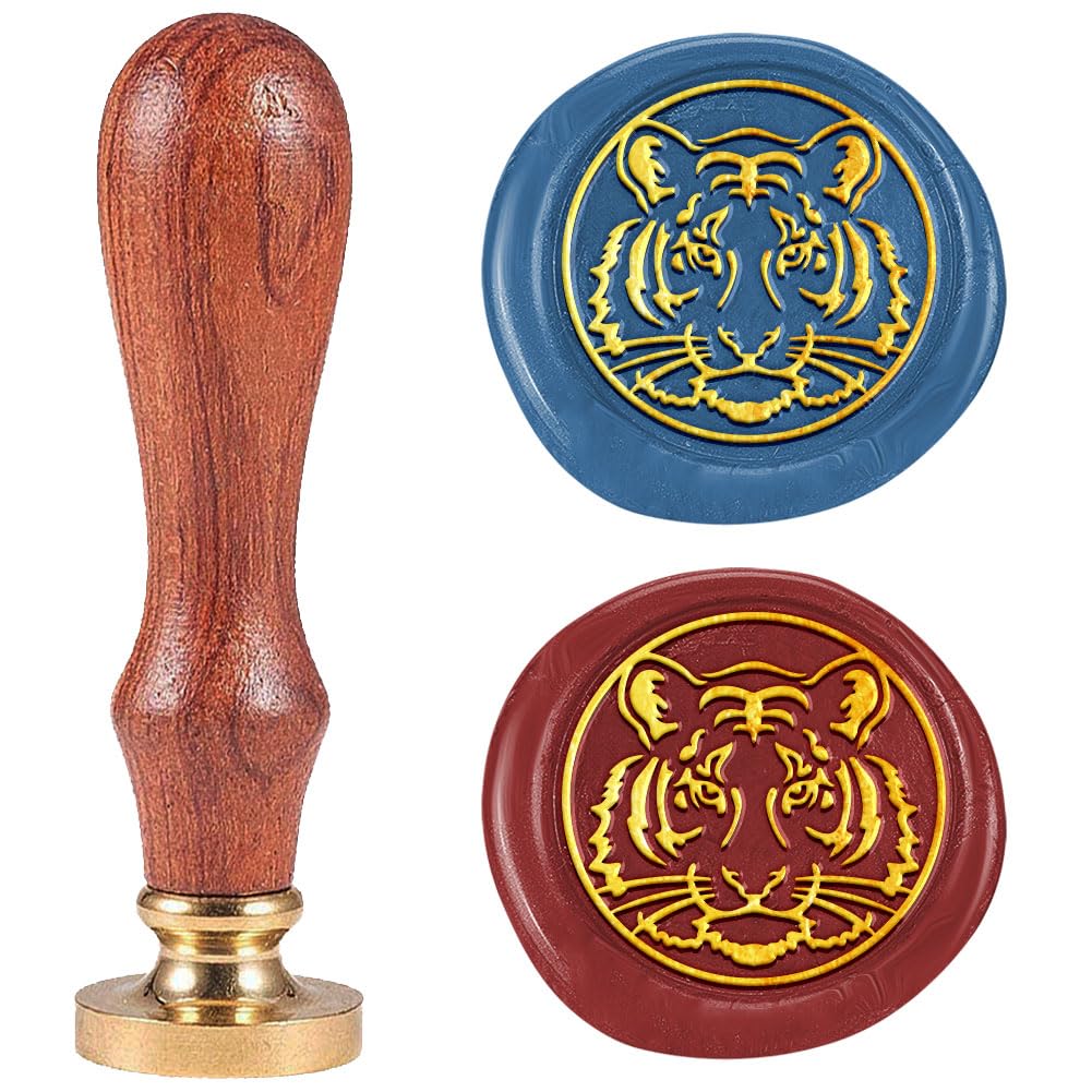 DELORIGIN Tiger Wax Seal Stamp Letter Sealing Wax Stamp Embossed Seal 25mm Removable Brass Wax Seal Stamp Head With Wooden Handle for Invitation Gift Wine Package Decoration