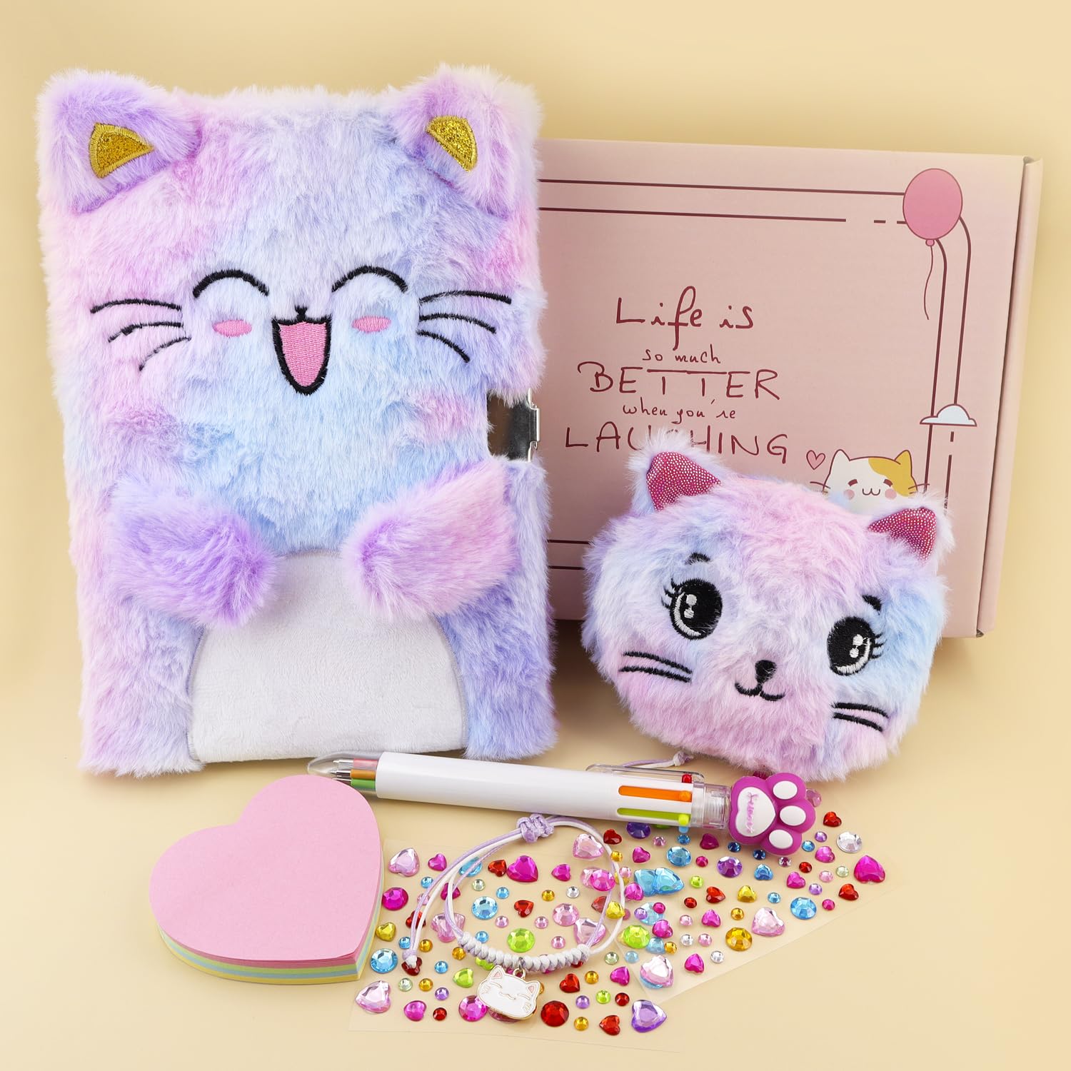 PJDRLLC Cat Diary with Lock, Gift for 6 7 8 Year Old Girl, Secret Diary Journal Notebook with Coin Purse, Multicolored Pen, Post-it Note, Stickers, Practical Gift for Birthday (A Happy Cat)