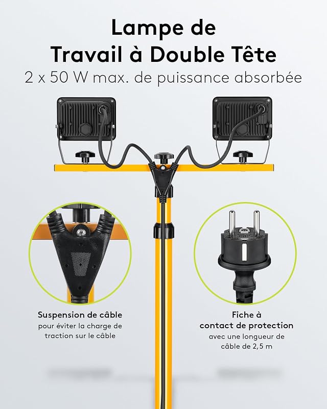 49984 Projecteur de Chantier LED télescopique Double tête pour Utilisation intérieure et extérieure Trépied en métal Blanc Froid, Jaune, 2x 50W