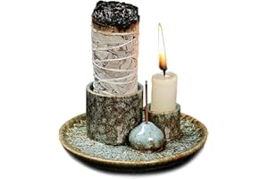 YIENENG 4 in 1 Multifunctional Ceramic Incense and Candle Holder with Ash Catcher Tray Suit for Burning White Sage, Palo Santo Sticks (Blue)