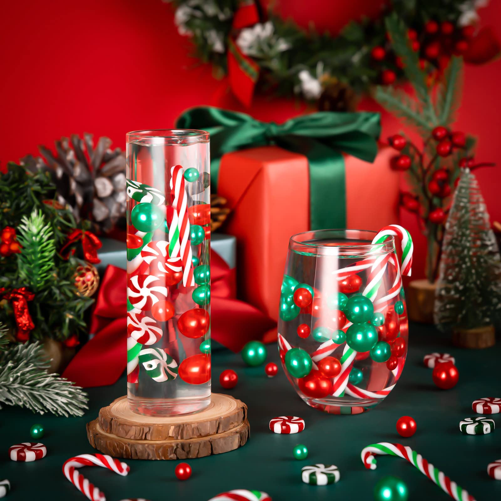 120 Pcs Christmas Vase Filler, Green Red Fake Candy Cane Beads Pearls for Vases for Table Decorations Centerpieces