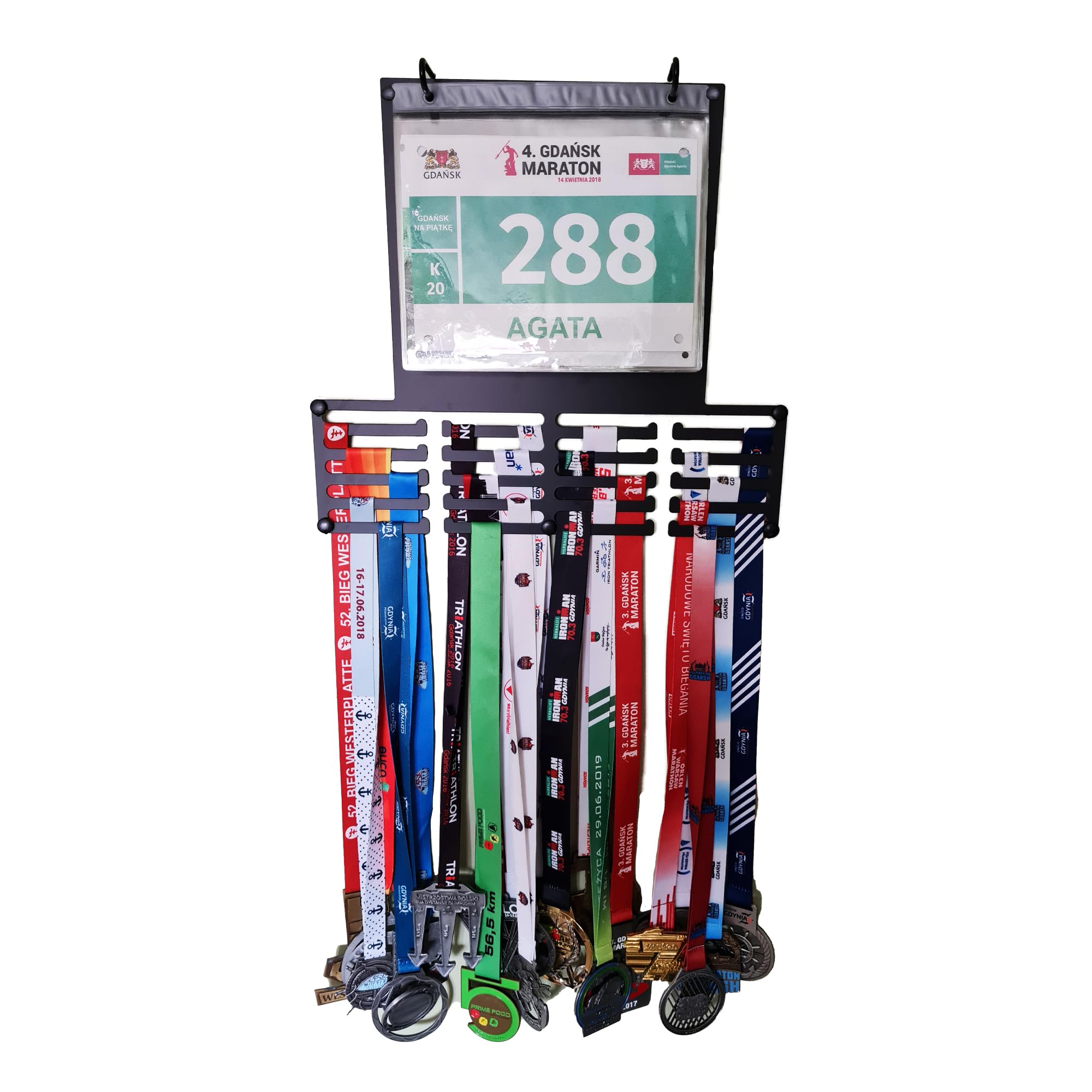 RUNGIFT Medal Holder Running 40 x 35 cm - Medals Wall Mount with Race Number Sleeves Metal Holder for Running Medals & Race Numbers - Organiser for Runners