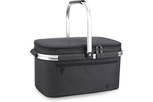 ALLCAMP OUTDOOR GEAR Large Picnic Basket 32L Shopping Basket Grocery Bags Folding Insulated Strong Aluminum Frame Market Basket(Large Jet Black)