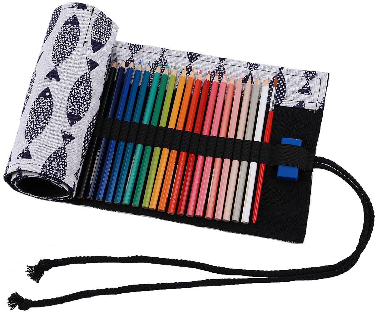 Amoyie Roll Up Pencil Case for 72 Coloured Pencils, Foldable Colouring Pens Organiser Bag, Artist Wrap, Portable Canvas Holder, Grey Fish