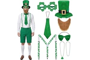 cnomg St Patrick's Day costume 8 Pcs St Patricks Day hat beard set Hat Fake Beard Bow Tie Suspender Tie Glasses Necklace