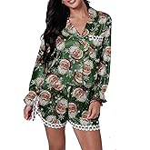 SOOKABEILA Women Silk Satin Christmas Pajamas Set Lace Trim Long Sleeve Button Shirt Wide Leg Shorts Y2k Cute 2 Pcs Set