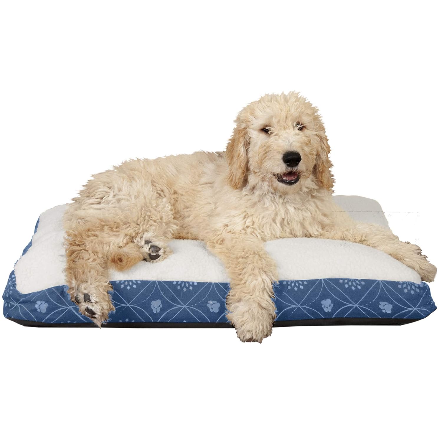 Furhaven Pet Dog Bed - Deluxe Faux Sheepskin Sherpa and Flannel Paw Décor Print Pillow Cushion Traditional Mattress Pet Bed with Removable Cover for Dogs and Cats, Twilight Blue, Medium