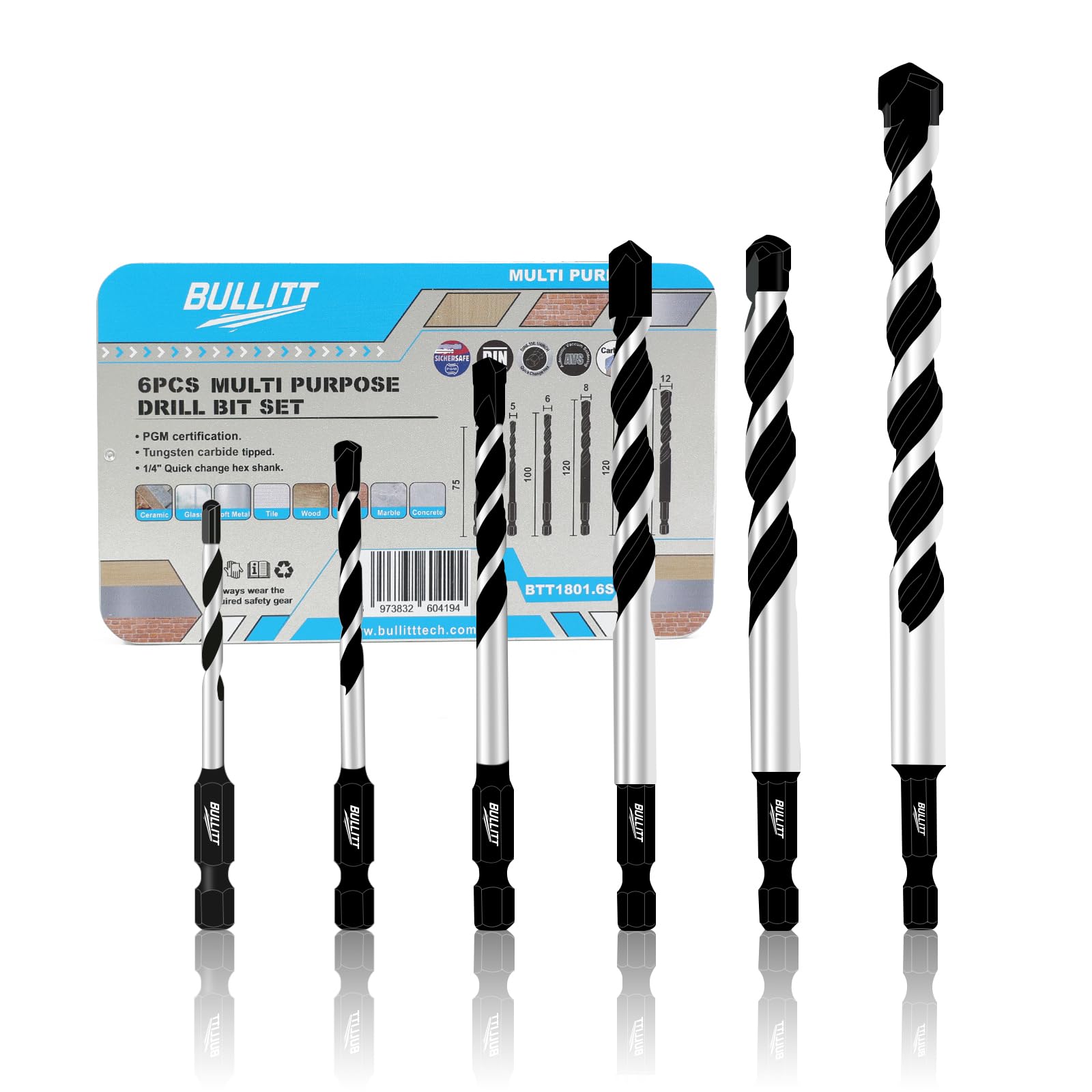 BULLITT 6Pcs 1/4 Quick Change Hex Shank Multipurpose Drill Bit Set,PGM Certificated, for Porcelain Ceramic Tile, Glass, Soft Metal, Brick, Marble, Stone And More,Ø4 / 5/6 / 8/10/12mm