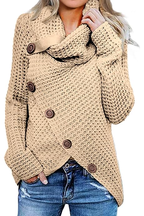 women's chunky turtle cowl neck asymmetric hem wrap sweater coat with button details