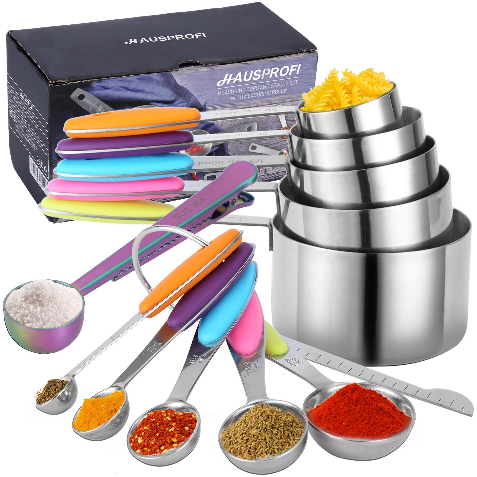 HAUSPROFI Measuring Cups and Spoons Set of 14, Stainless Steel Cup Measurement Set with Measuring Scoop and Clip for Food, Soft Silicone Handle and Ruler, for Baking, Kitchen Cooking, Liquid and Solid