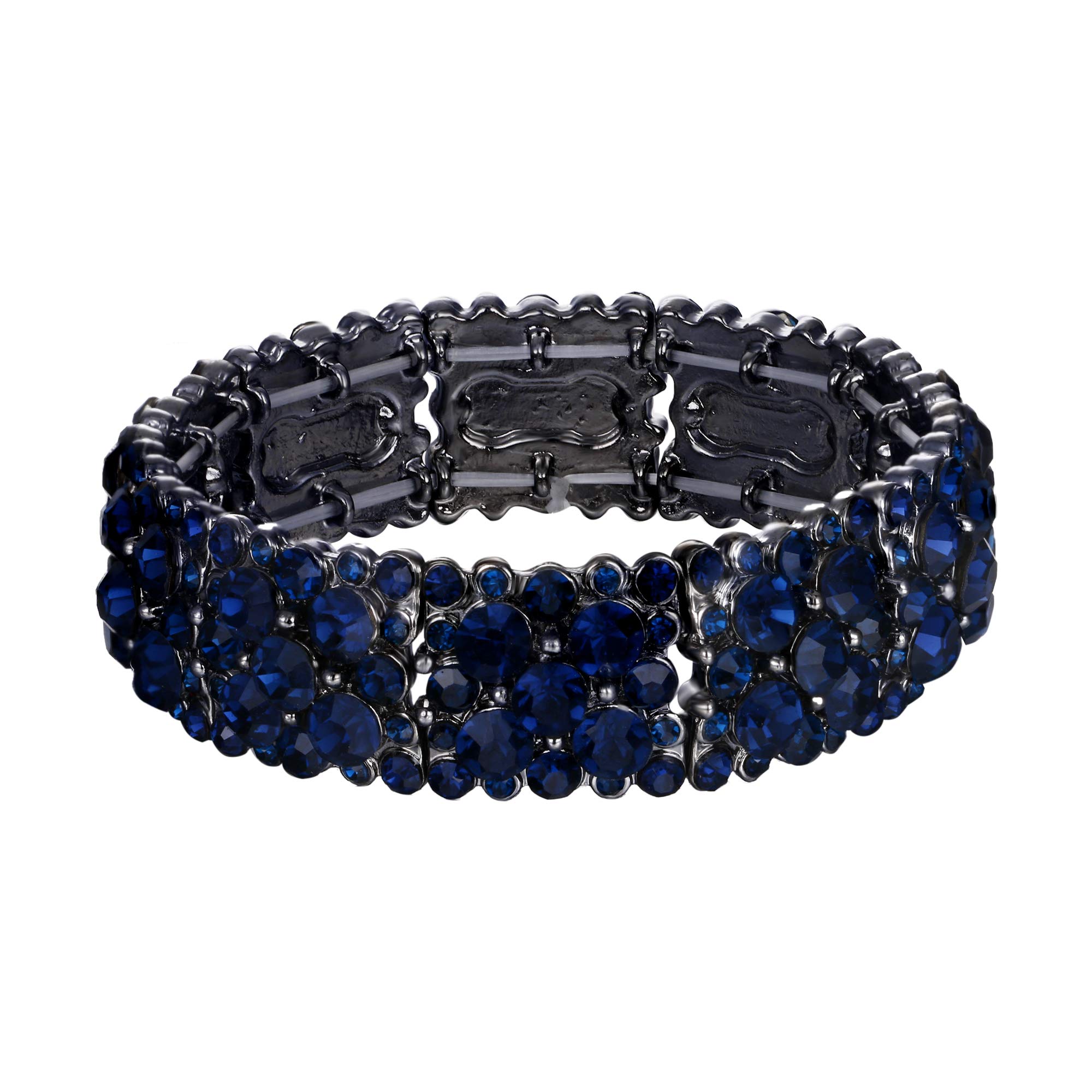 Ever Faith Navy Blue Crystal Bracelet for Women, Sparkly Rhinestone Statement Adjustable Elastic Stretch Bracelets Wedding Jewellery for Brides Bridal Black-Tone