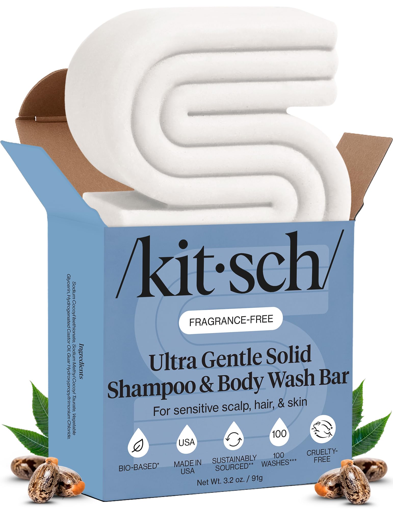 Kitsch 2-in-1 Shampoo Bar and Body Wash - Ultra Sensitive, Vegan & Natural, 5-Ingredient Formula Bar Soap for Hair & Body - Scent-Free, Paraben-Free - For Sensitive Scalp & Skin - 3.2 oz