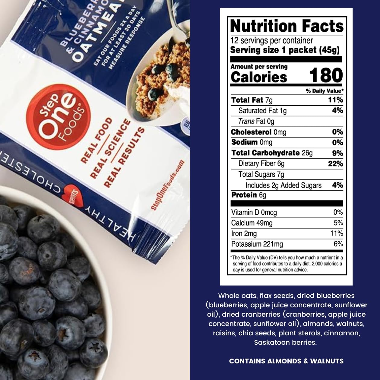 Step One Foods Blueberry Cinnamon Oatmeal, Heart Healthy Snack Plant Sterols, Omega 3's and Dietary Fiber Gluten Free Vegan, Zero Sodium, Non-GMO, Individual Packs (12 Pack)