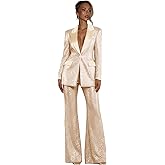 Hoawsyu Sequin Suits for Women 2 Piece Satin Peak Lapel Womens Suit Glitter Sparkly Bell Bottoms Womens Tuxedo for Party Prom