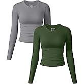 OQQ Womens 2 Piece Shirts Long Sleeve Crew Neck Ruched Stretch Basic Fitted Tee Shirts Tops