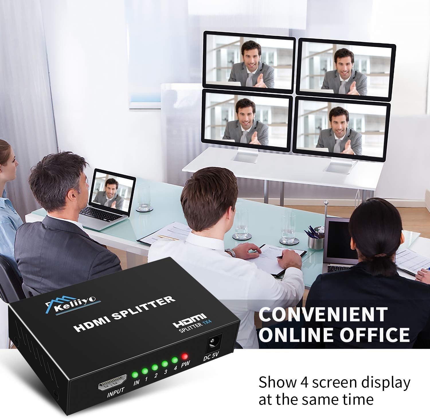 KELIIYO Hdmi Splitter 1 in 4 Out V1.4b Powered Hdmi Video Splitter with AC Adaptor Duplicate/Mirror Screen Monitor Supports Ultra HD 1080P 2K and 3D Resolutions (1 Input to 4 Outputs): Electronics