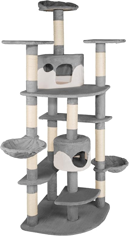 Tectake Arbre à Chat Griffoir Grattoir Geant 2 Grottes Xxl 204cm Diverses Couleurs Au Choix Gris Blanc No 402109
