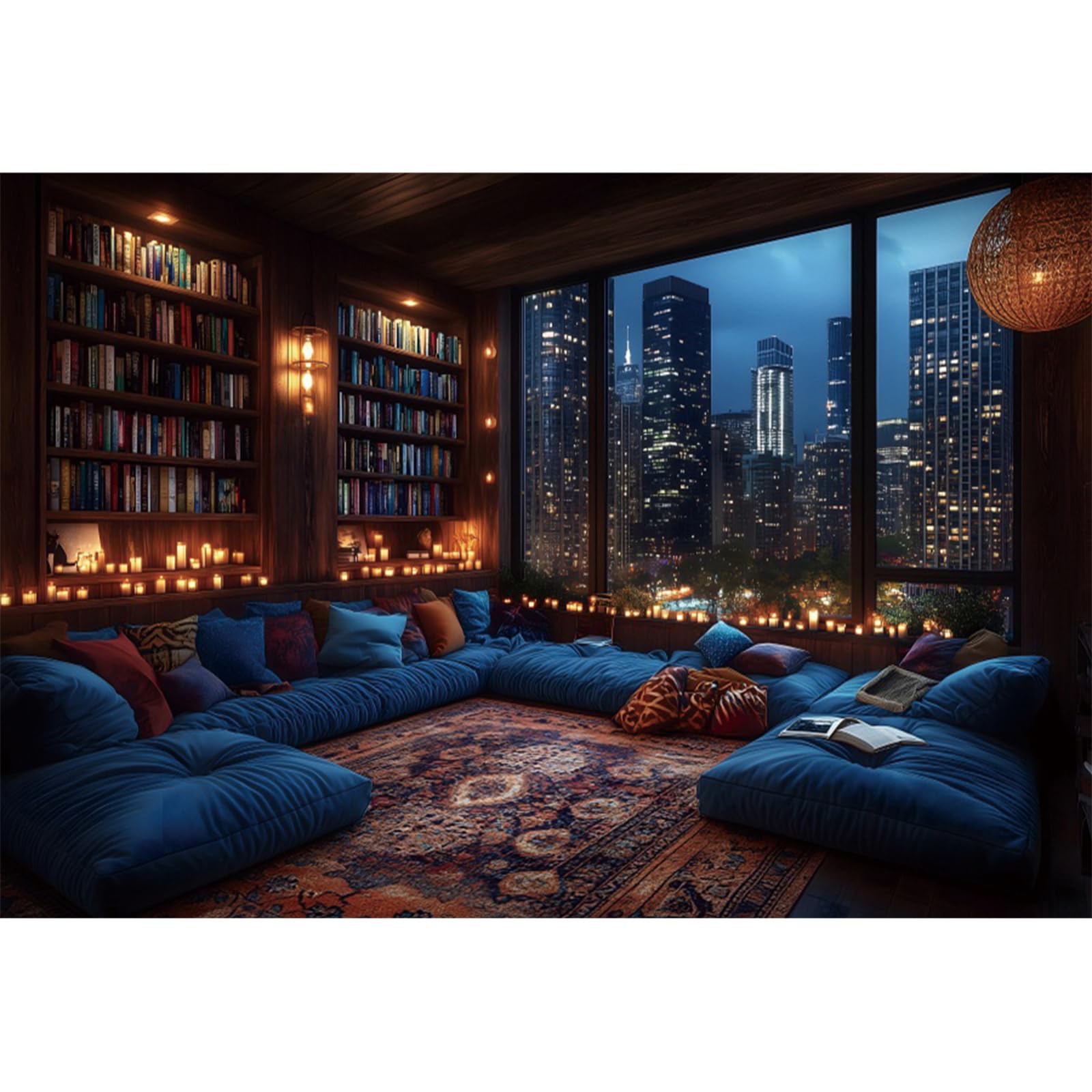 YongFoto 7x5ft New Year Photography Backdrop Study Room Interior Window View Cityscape Night Scenery Photo Background for New Year Eve Celebration Decorations Photoshoot Studio Props
