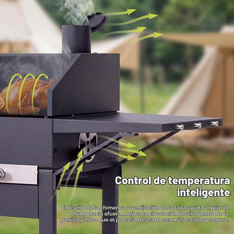 Barbacoa carbón con tapa y funda protectora, Parrilla 2 en 1 compacta para balcón, Termómetro integrado, Mantener caliente, Lista para uso exterior y almacenamiento