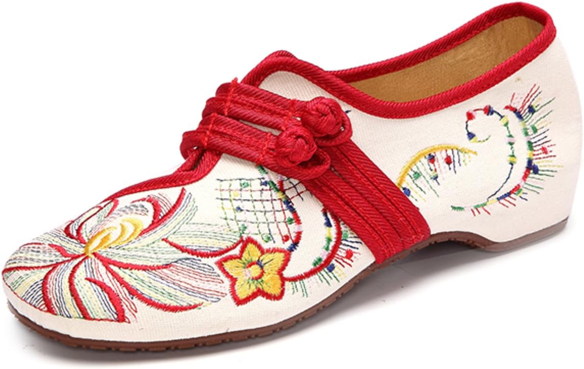 Socofy Women's Manual Flower Embroidered Canvas Shoes,Chinese Knot Vintage Flat Casual Loafer Shoes