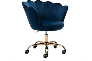 ZOBIDO Comfy Home Office Task Chair with Wheels, Cute Modern Upholstered Velvet Seashell Back Adjustable Swivel Vanity Desk Chair, for Women, for Girls, Living Room(Dark Blue)