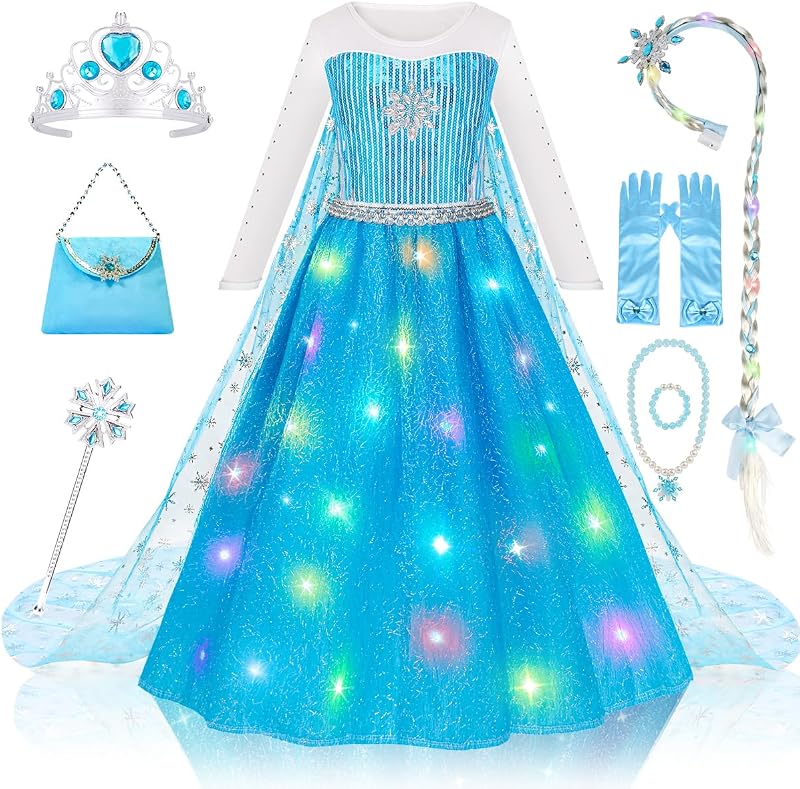 MELAND Princess Blue Light Up Dress Set for Girls 3-10 Years with Crown Wand