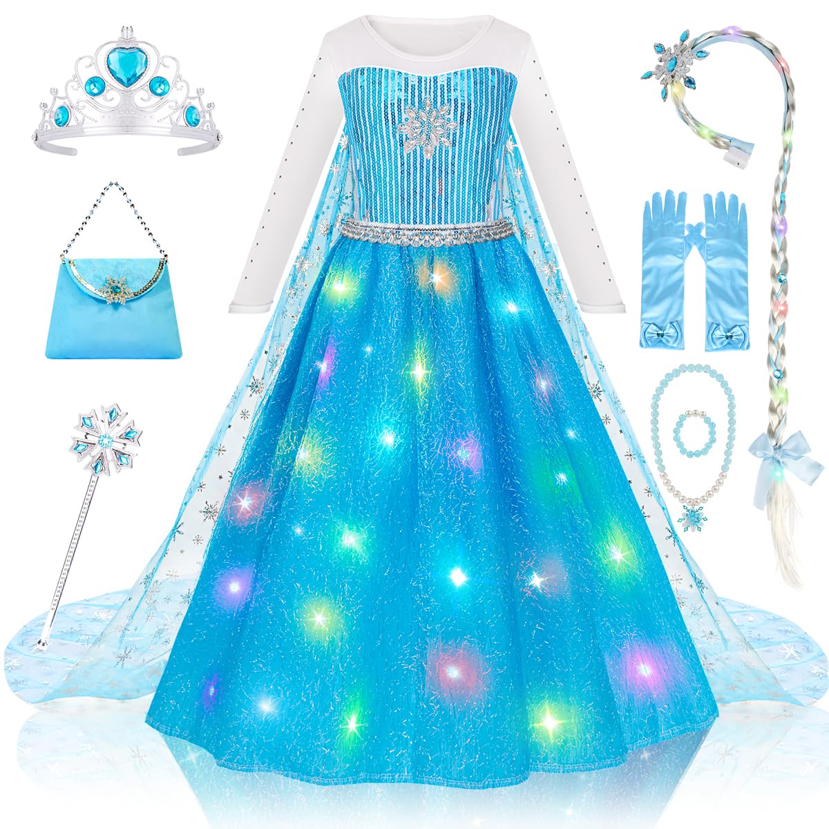 MELAND Princess Costumes for Girls, Blue Light up Princess Dress up for 3 to 10 Year Old Girls Gift, Fancy Dress for Kids & Toddlers Birthday Costumes