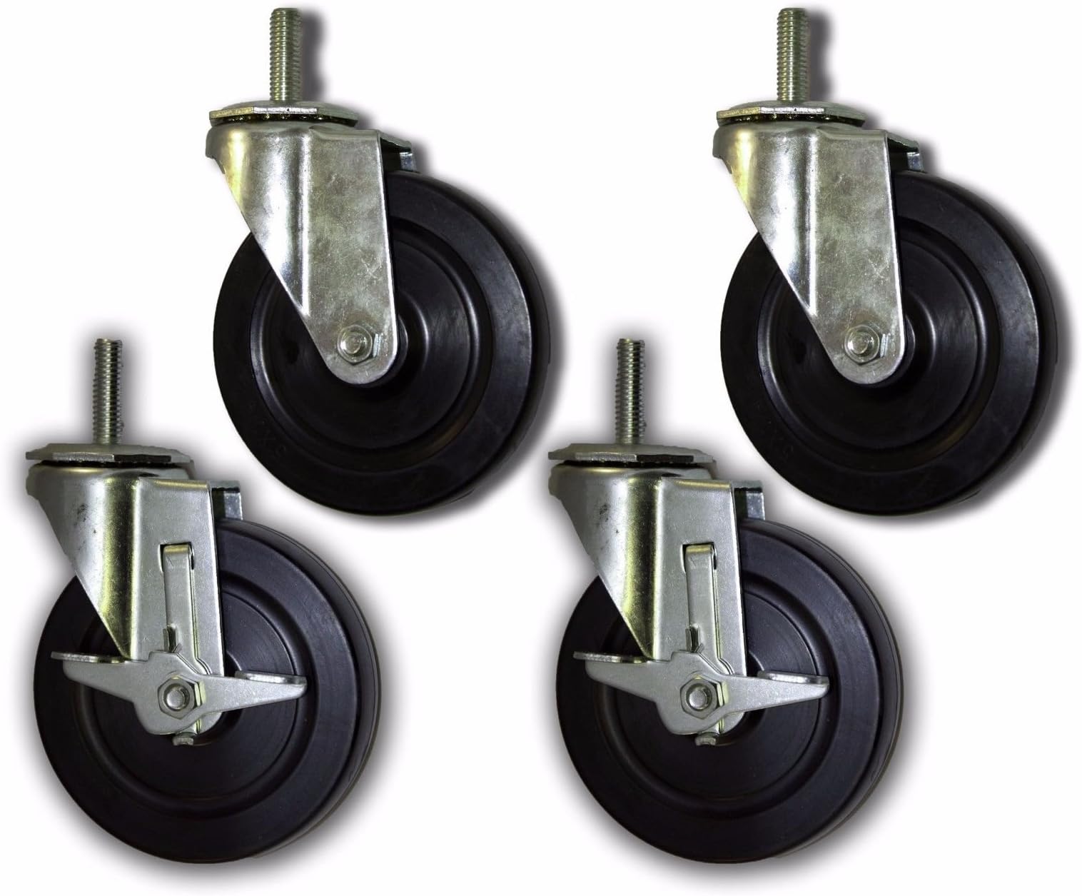 5" Rubber Caster with 1/2" x 1-1/2" Threaded Stem (4 Pack)
