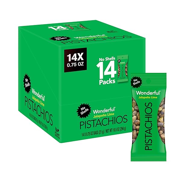 WONDERFUL PISTACHIOS NO SHELLS, JALAPEÑO LIME NUTS, 0.75 OUNCE BAGS (PACK OF 14), PROTEIN SNACKS, GLUTEN FREE, ON-THE-GO, INDIVIDUALLY WRAPPED SNACKS, PANTRY STAPLES