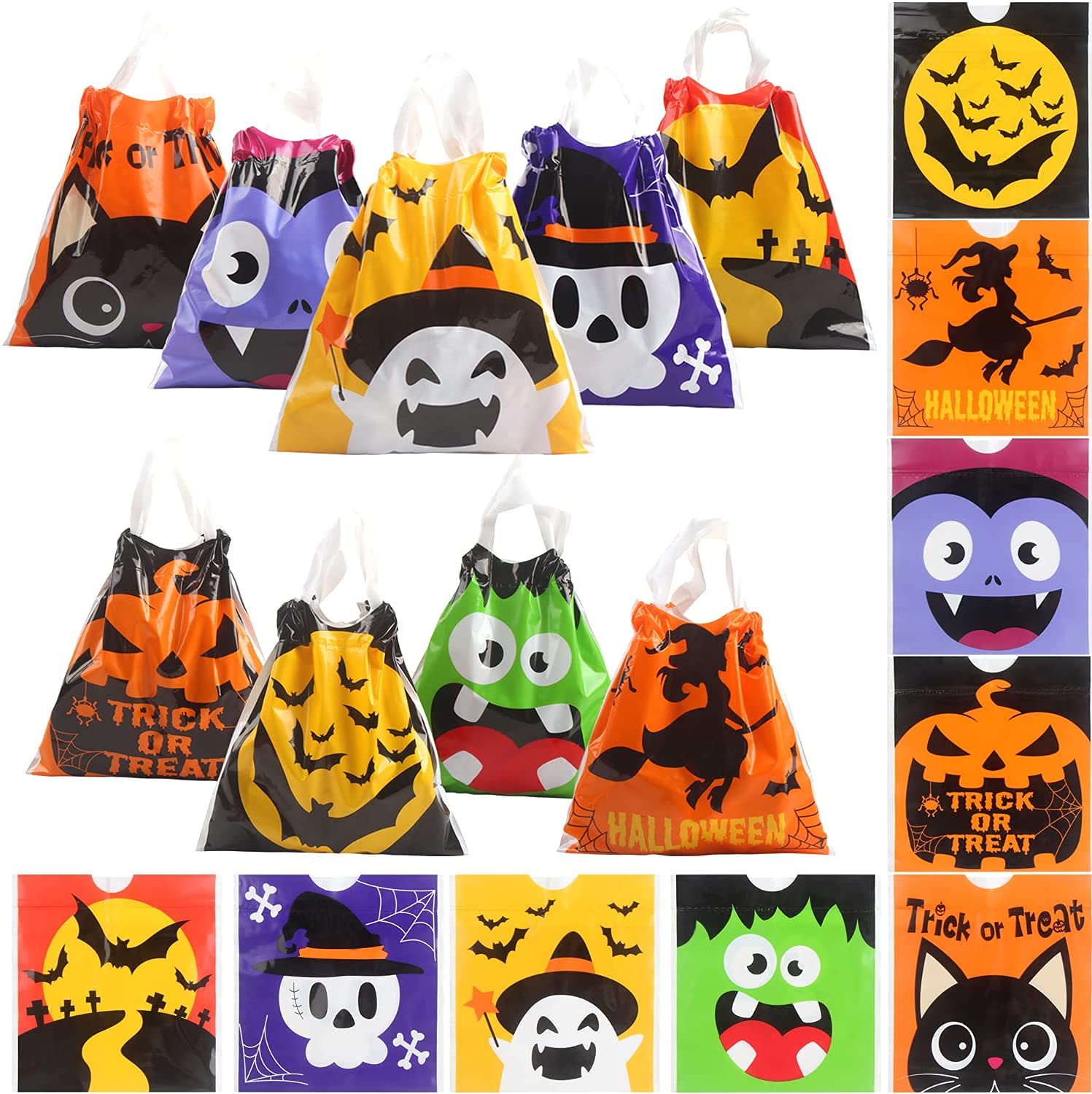 FINGOOO 36 pieces Halloween Drawstring Candy Bags PVC Trick or Treat Bags Goodie Bags Halloween Supply for Kids (9 Styles)