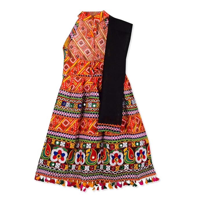 Kid1 By Hopscotch Girls Pure Cotton Halter Neck Lehenga Choli In Orange Color