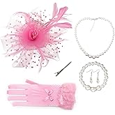 AQOKKA Women Fascinators Hats Veil Mesh Tea Party Derby Hat Bow Lace Gloves Pearl Jewelry Set for Women Cocktail Wedding
