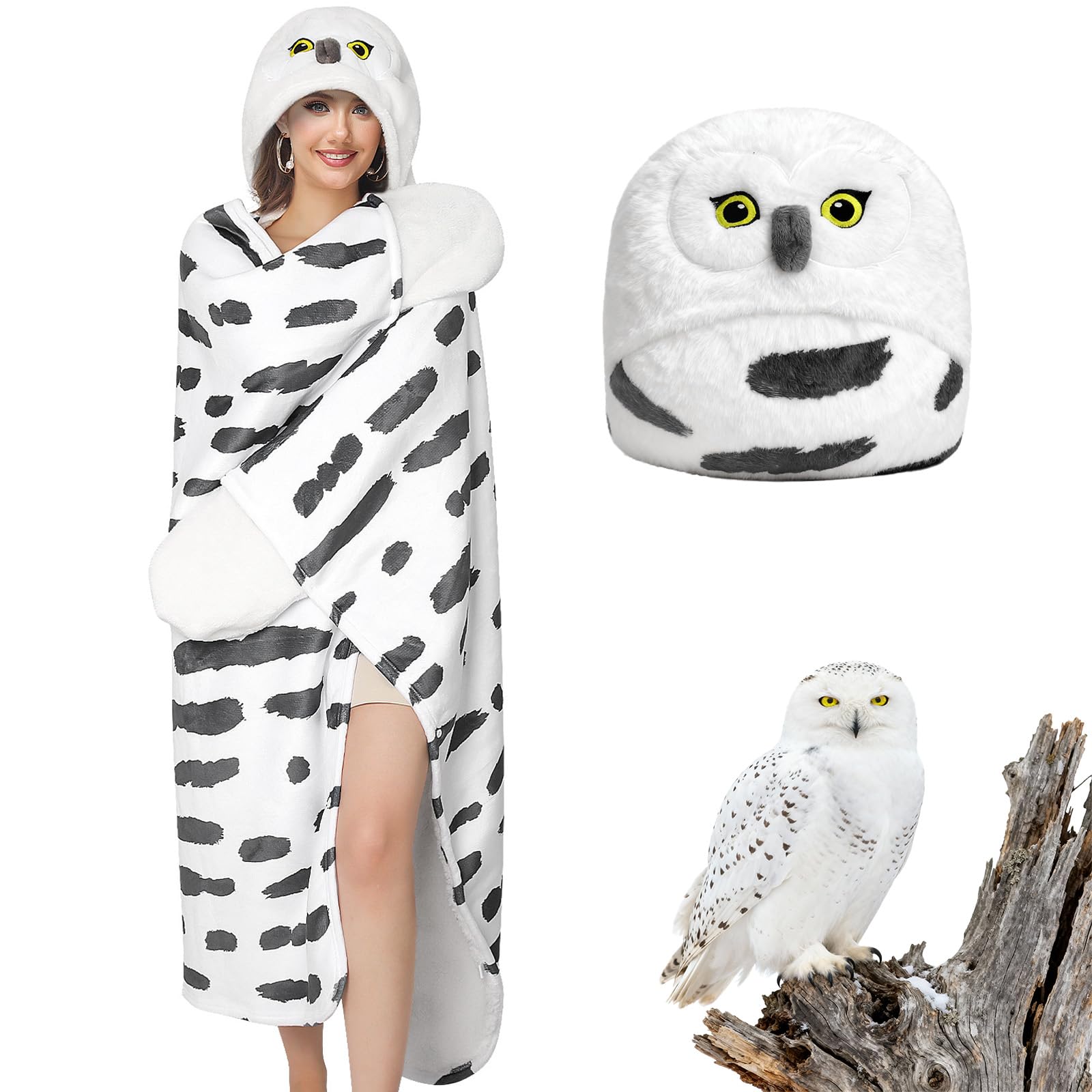 Pewjury Animal Pattern Cuddly Blanket with Sleeves and Hood, Fluffy, White, 130x160cm