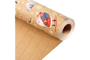 Homeral Kraft Christmas Wrapping Paper Roll - Skating Santa, Snowflakes and Trees Gift Wrap for Kids Christmas, New Year Celebration - Mini Roll - 17 Inch x 33 Feet