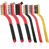 Wire Brush for Cleaning, Small Brass Steel Nylon Brush, Metal Rust Remover | 6 Pcs, Rust/Grease/Paint Removal on Metal/Wood/Grill, Curved Head for Tight Spots, with Hang Hole, Ergonomic Handle, 7 in