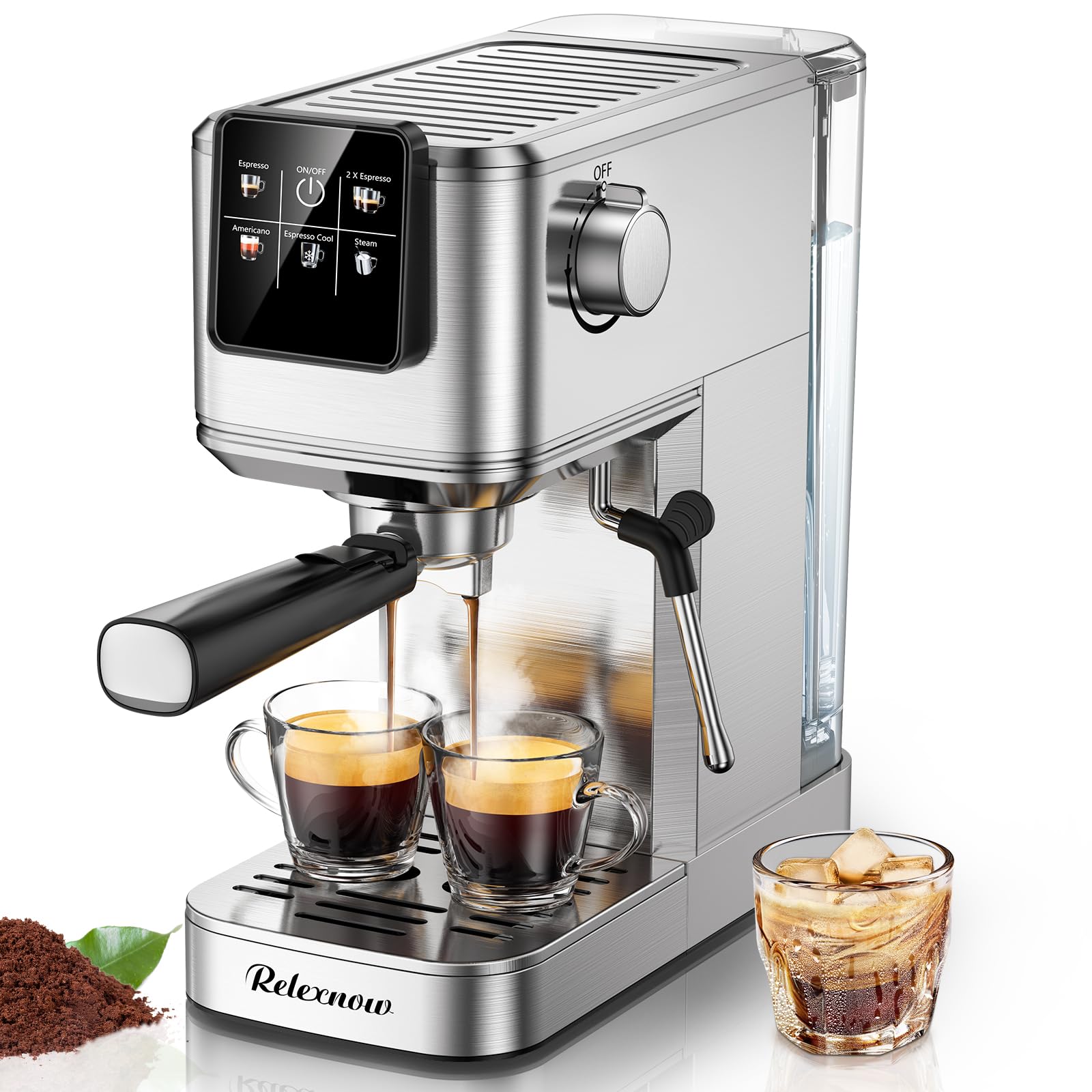 Photo 1 of RELEXNOW Espresso Machine, 20 Bar Professional Espresso Coffee Maker with Milk Frother Steam Wand, Hot & Iced Coffee Machine, Compact Stainless Steel Coffee Machine for Cappuccino,Latte,Cold Brew