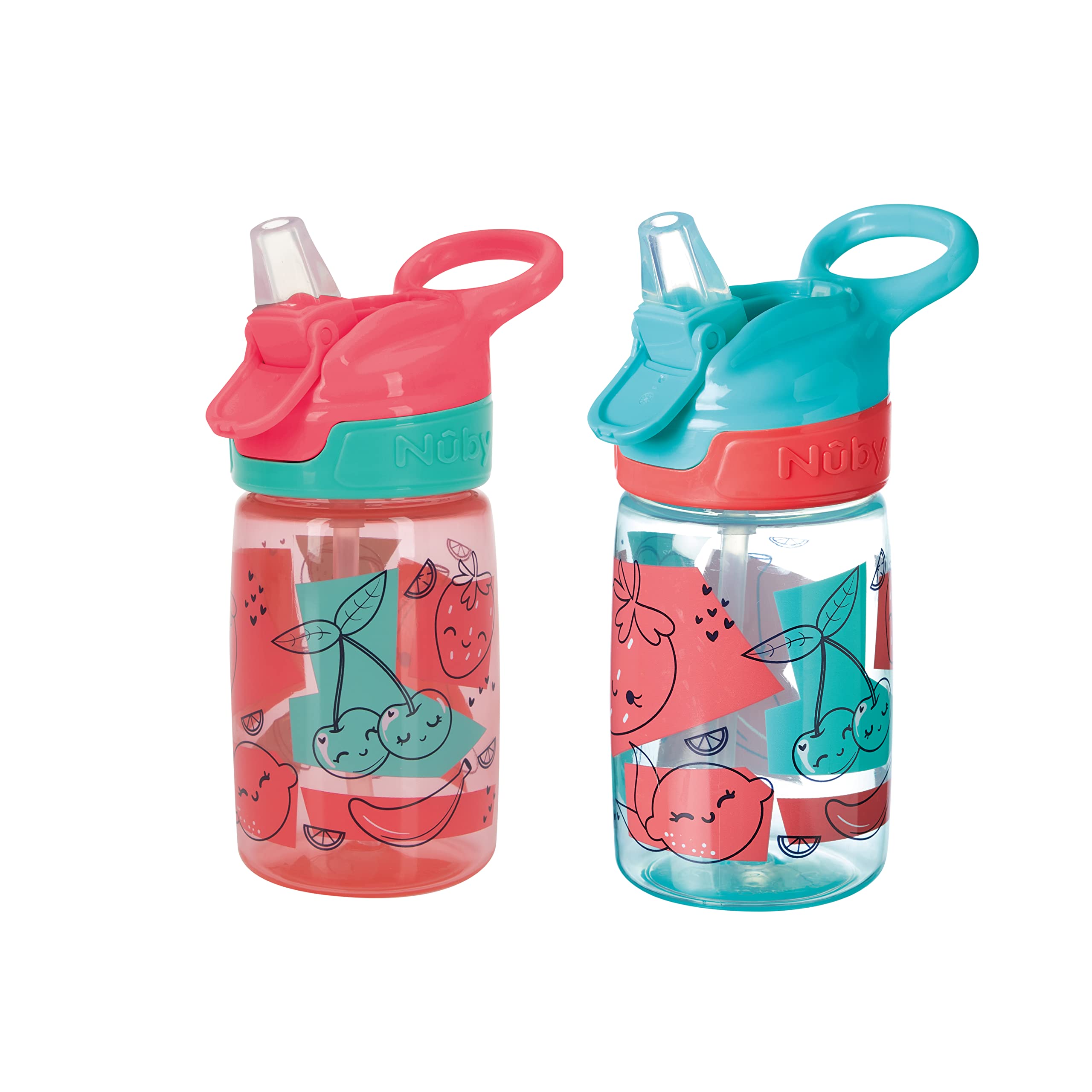 Nuby Incredible Gulp Water Bottle - No Spill Active Toddler Sippy Cup | 360ml / 12oz | Carry Handle | Dishwasher and Microwave Safe | Suitable Beaker for 18 Months Plus (Strawberries, Pack of 2)