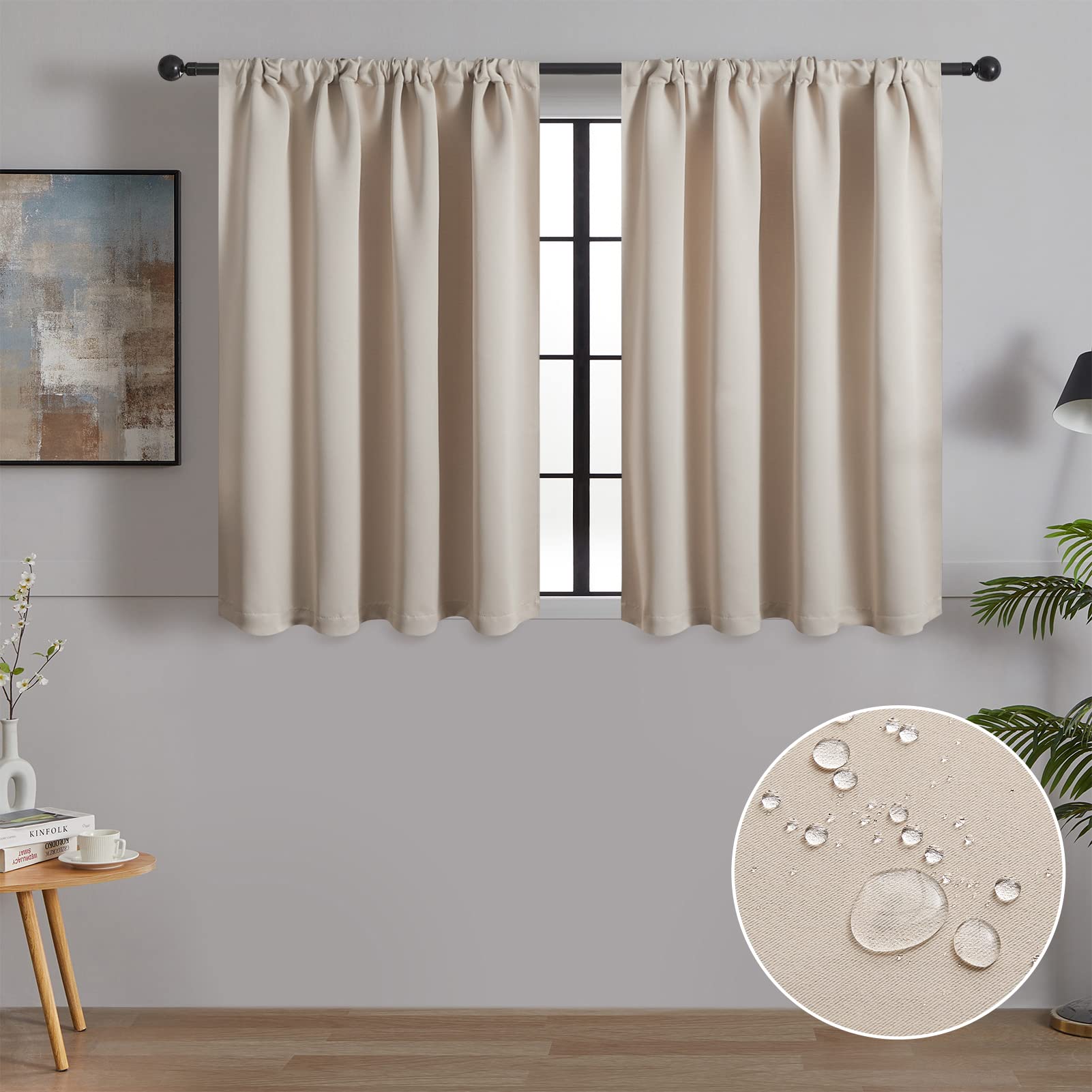 MRTREES Waterproof Blackout Curtains with Rod Pocket, Short Curtains for Caravan Kitchen and Bathroom Windows, 2 Panels 60x90 CM 24x35 Inch Beige