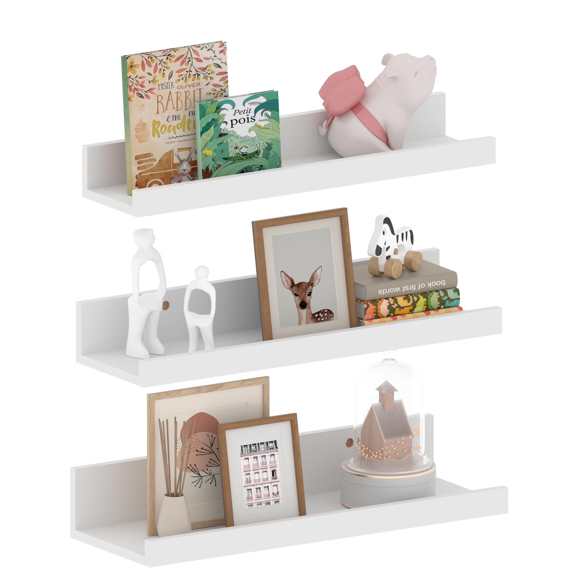 EXYGLO 16 Inch White Floating Shelves for Wall, Wall Mounted Shelves for Bedroom, Kitchen, Bathroom, Living Room, 3 Pieces with Different Sizes — image 1