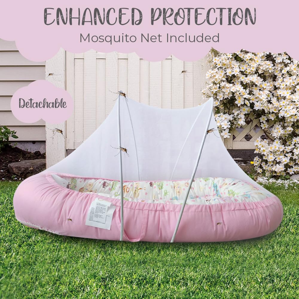 PIERRI Baby Lounger for Newborn with Detachable Mosquito Net - Ultra-Soft Cotton Snuggle Nest Lounger, Reversible Infant Lounger, Double-Sided Baby Nest, Infant Lounger, Baby Lounger for Newborn
