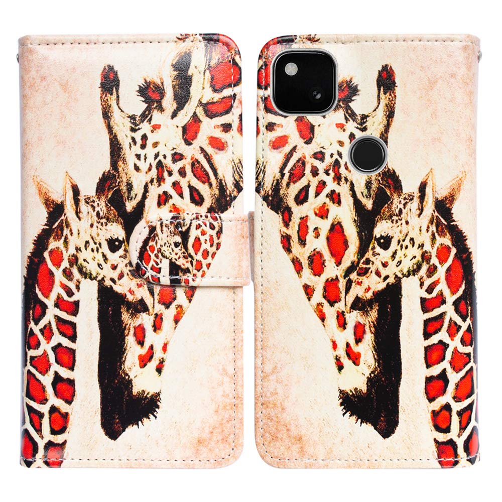 Bcov Google Pixel 4a Case (2020), Giraffe Mother Baby Leather Flip Case Wallet Cover with Card Slot Holder Kickstand For Google Pixel 4a Phone
