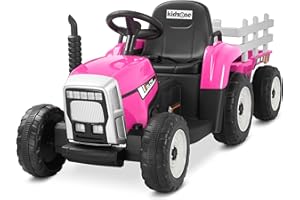 Kidzone 12V 7AH Treaded Tires with Dual 25W Motors Remote Control Battery Powered Electric Tractor with Trailer Toddler Ride On Toy with 3-Gear-Shift 7-LED Lights, MP3 Audio - Pink