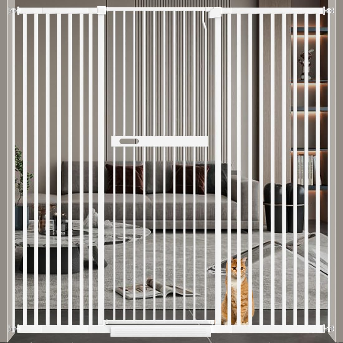 Photo 1 of **ONE BEAM DAMAGED**WAOWAO 71" Extra Tall Cat Pet Gate 29.92-61.42" Wide Pressure Mounted Walk Through Swing Auto Close Safety White Metal Dog Pet Puppy Cat for Indoor Stairs,Doorways