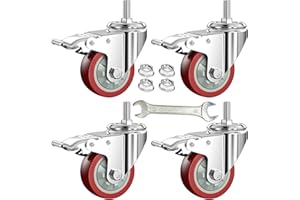 DICASAL 3 Inch Heavy Duty Stem Casters 360 Degree Swivel Thread Wheels with Metric Size M12-1.75 Screw Bolt Double Locking Brake Castor Wheel Load Capacity Upto 900 Lbs Pack of Four