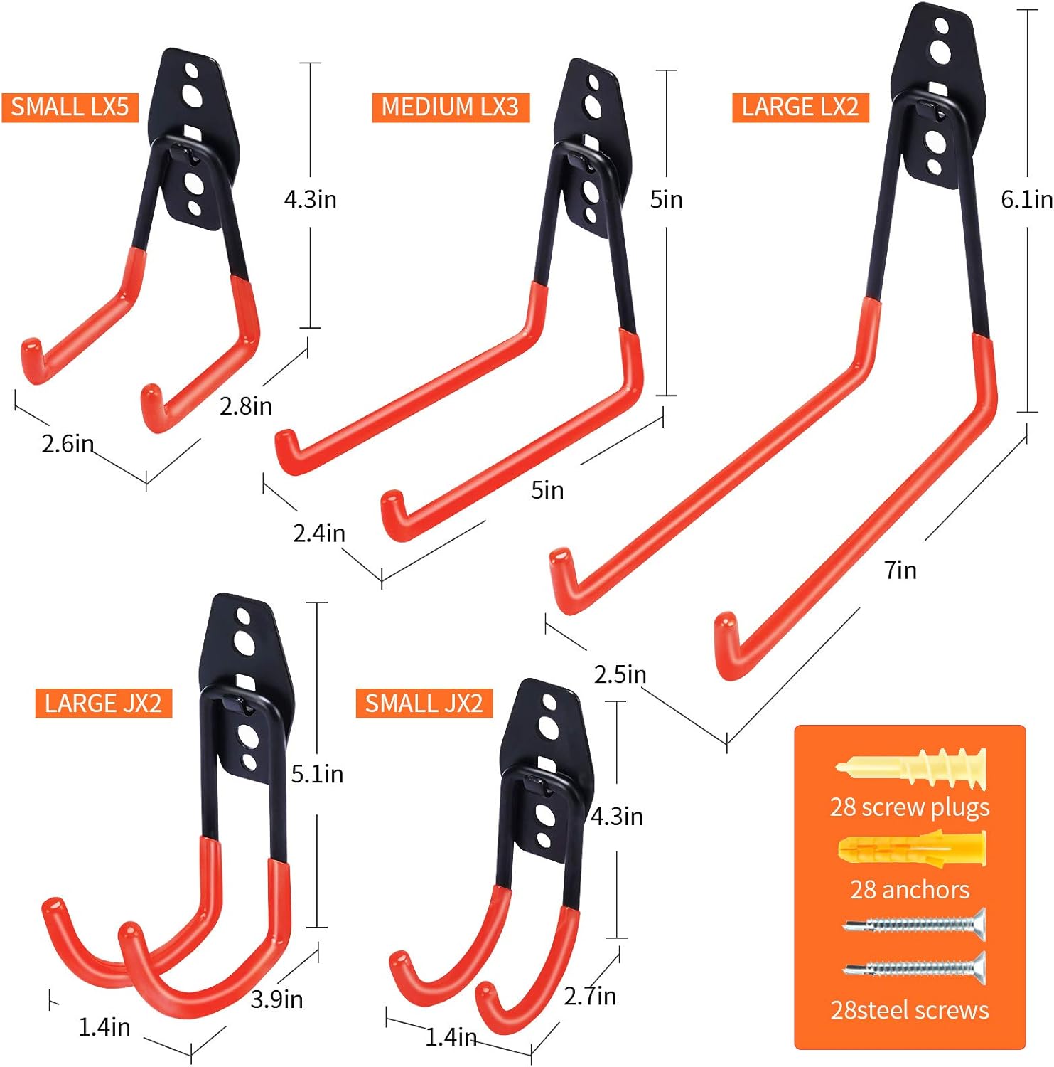 Garage Hooks Double Heavy Duty 14 Pack Steel Garage Storage System Hooks, 10 lbs of Additional Support, Wall Mount Hooks Garage Hanger & Organizer for Organizing Power Tools, ladders, Bikes(Orange) - - 