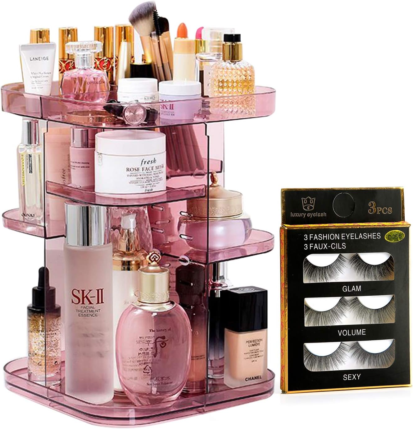 Upgraded Makeup Organizer 360º Smooth Spinning Sturdy Acrylic (NOT PLASTIC) Cosmetic Storage Display Case for Brushes Lipsticks Rings-Free Returnless Replace Warranty (Pink)