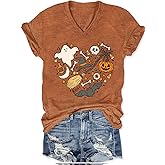 Halloween V Neck Shirts for Women Fall Pumpkin Short Sleeve T-Shirts Funny Thanksgiving Graphic Tees