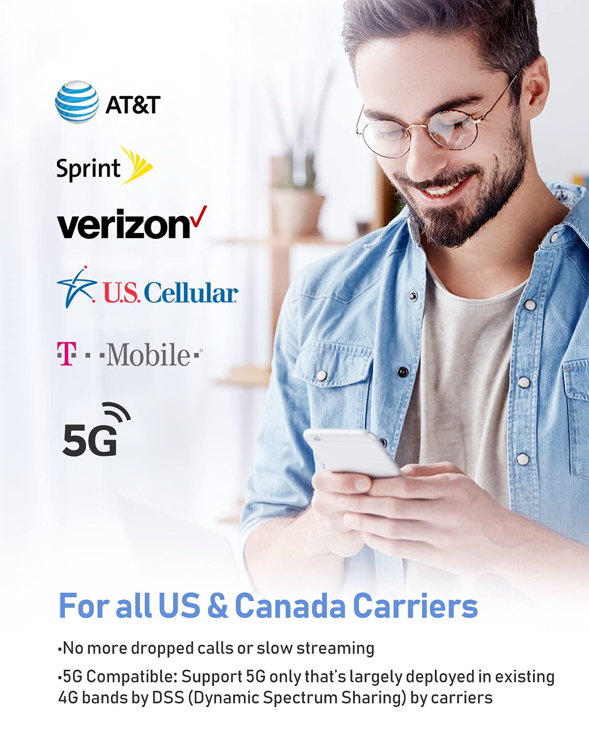 Cell Phone Booster for Home, Up to 3000 sq ft, All US Carriers - Verizon, AT&T, T-Mobile, Sprint & More, Cell Signal Booster Boosts 5G/4G LTE Band 12/17/ 13/5/ 25/2/ 4, FCC Approved